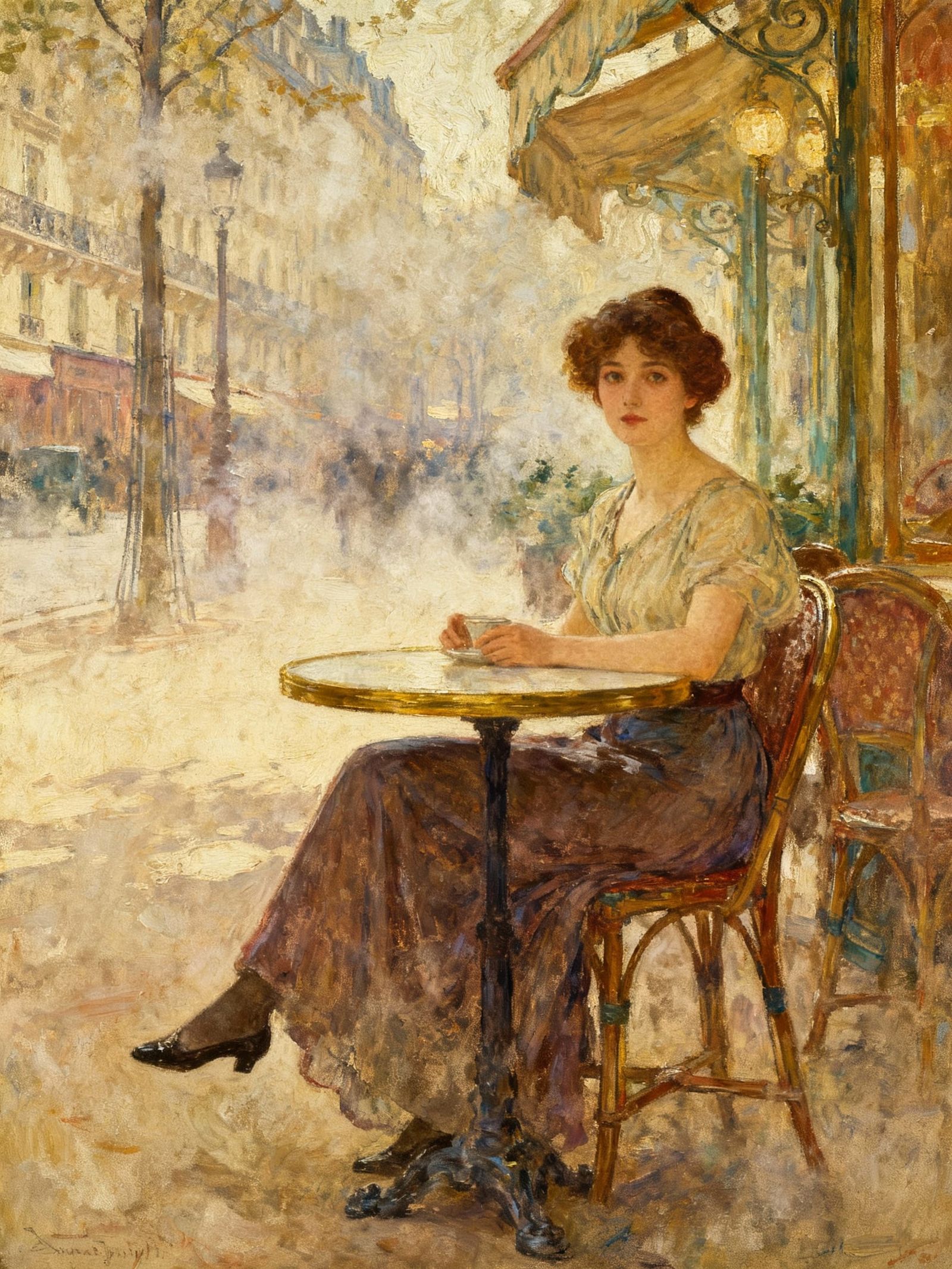 Elegant Woman in Paris Cafe, Tonalist Oil Painting