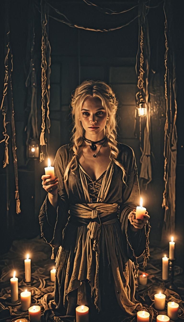 Captive Woman in Candlelit Dark Fantasy Scene