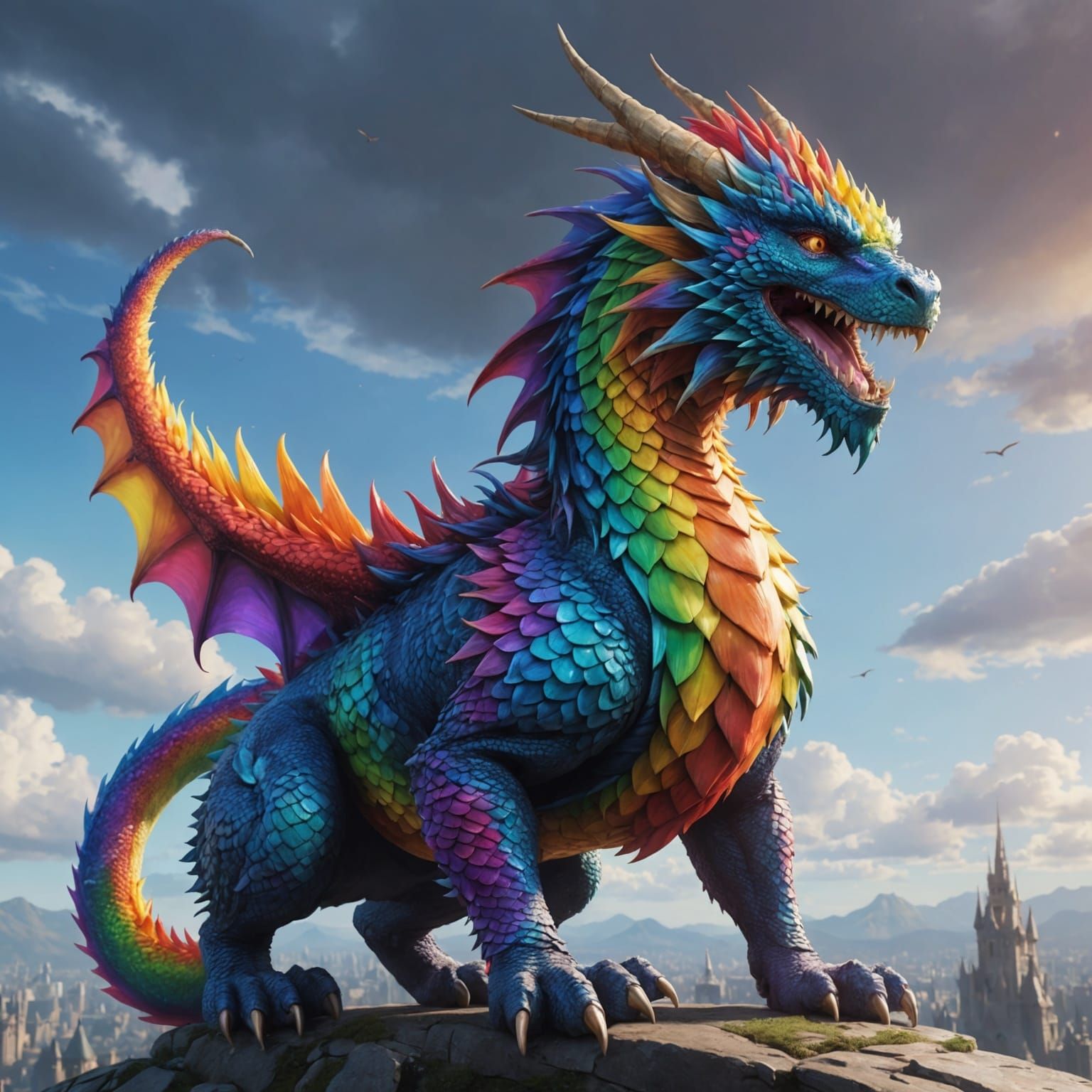 Rainbow Dragon with Cat Head, Anime Style