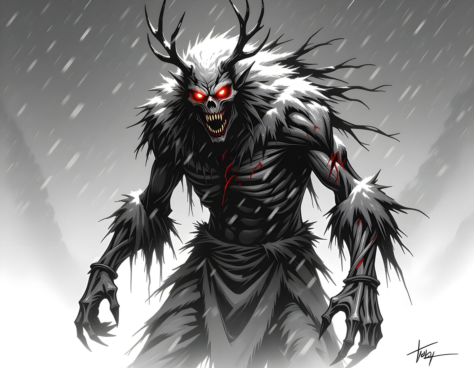 Wendigo in Blizzard: A Graphite Horror Sketch