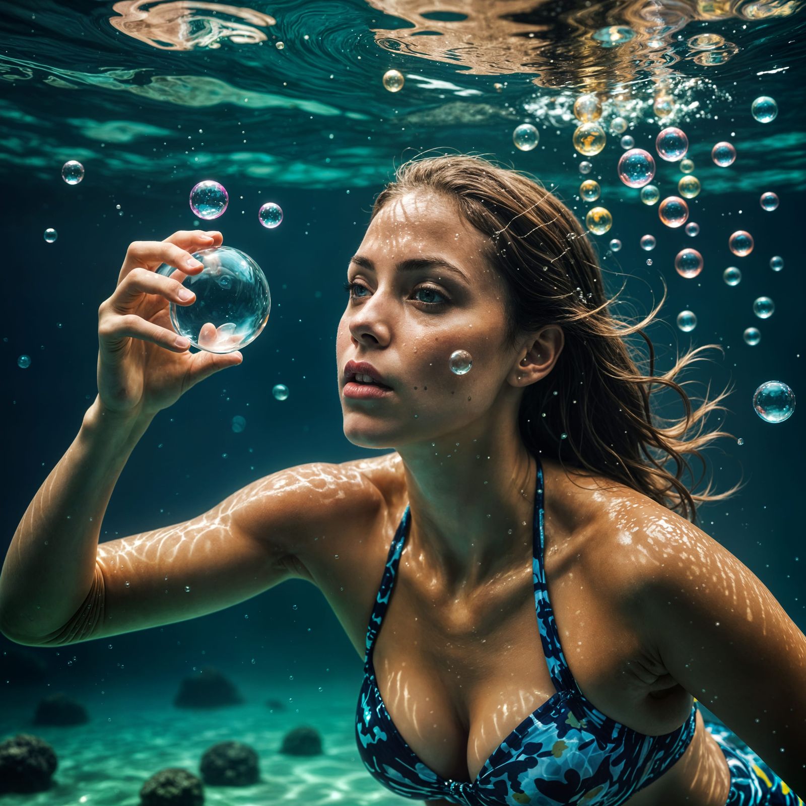 Underwater Bikini Woman Blowing Bubbles in HDR