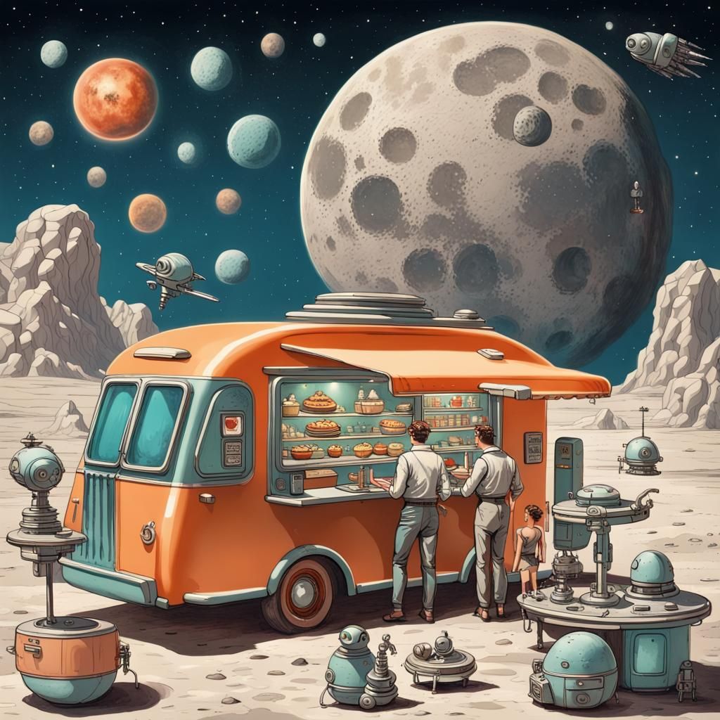Retrofuturistic Steampunk Food Truck on the Moon