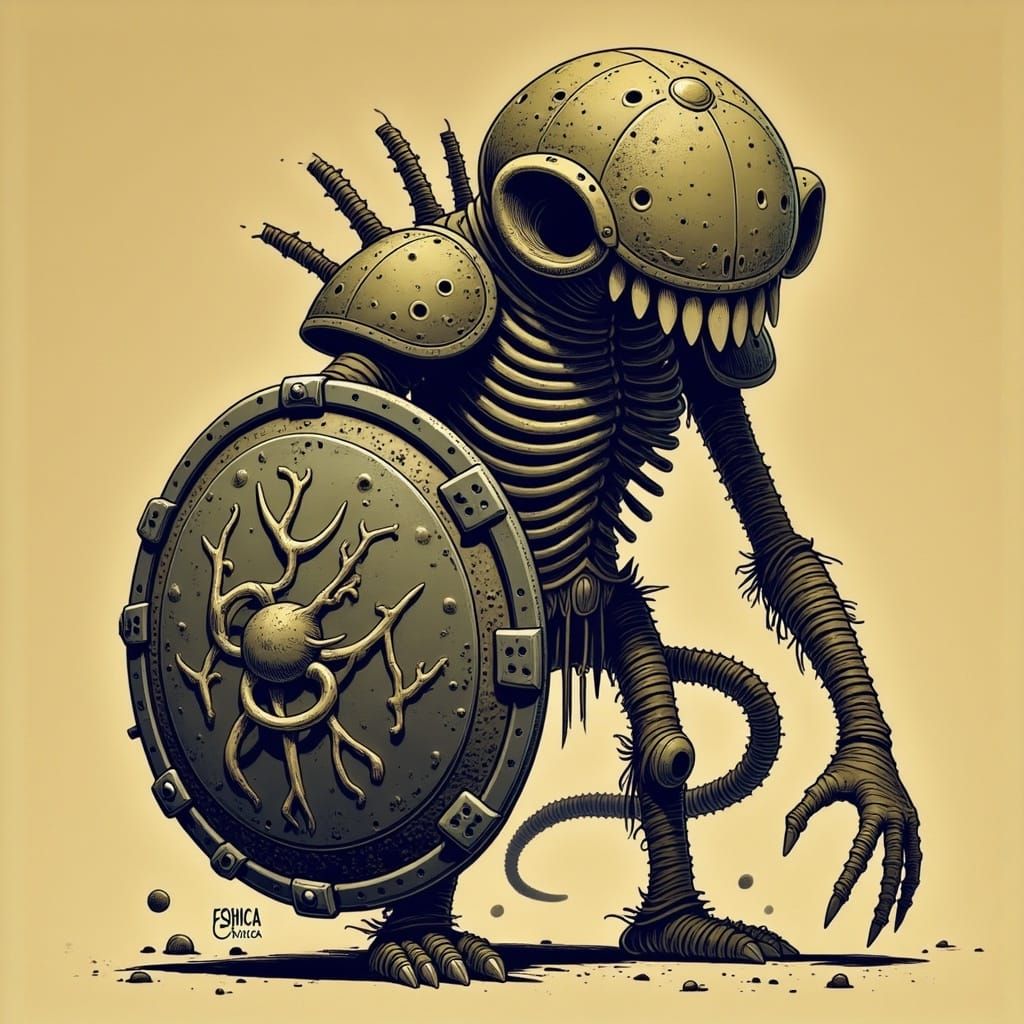 Alien Figure with Bio-Organic Shield in Cartoon Style