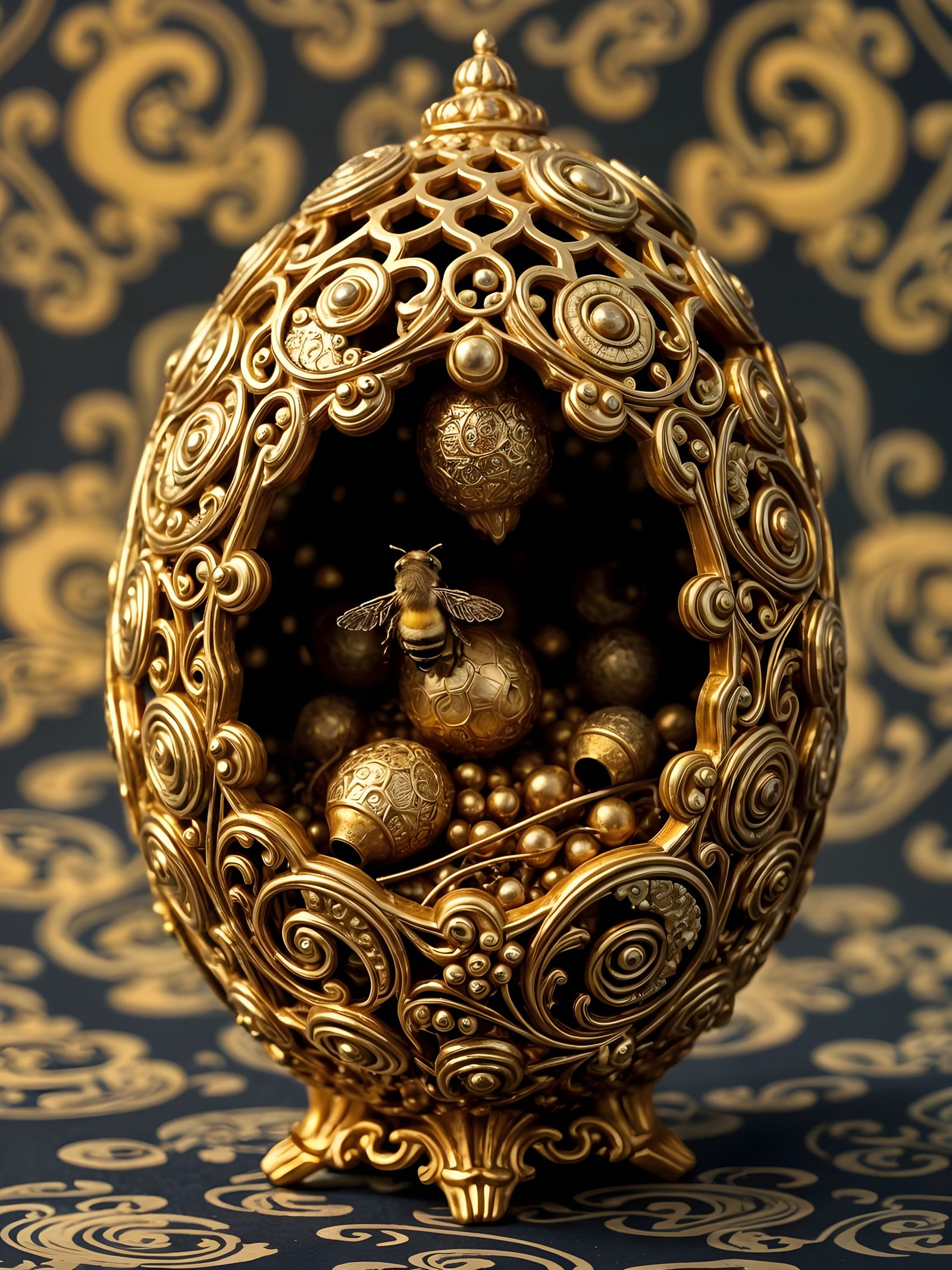 Intricate Golden Honeycomb Hive in Art Nouveau Style