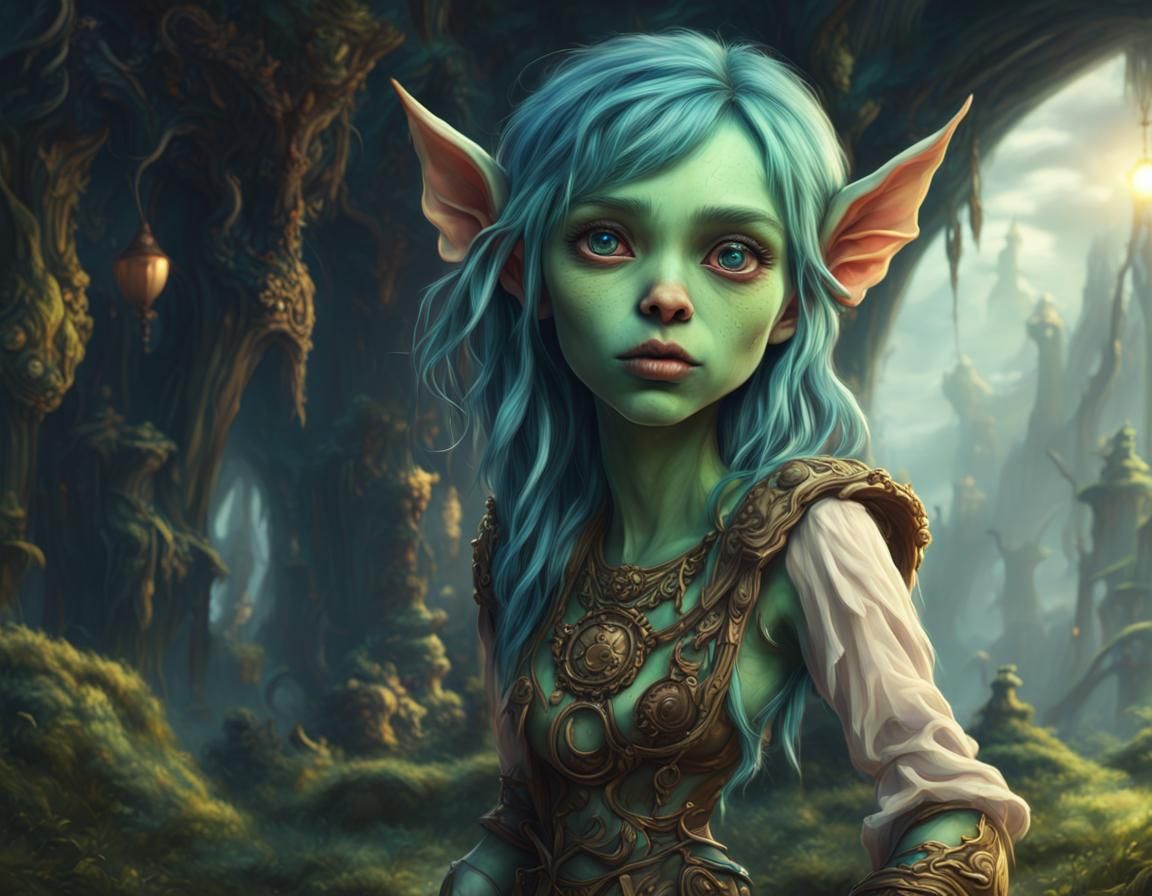 Cute Goblin Girl with Blue Hair in Digital Painting
