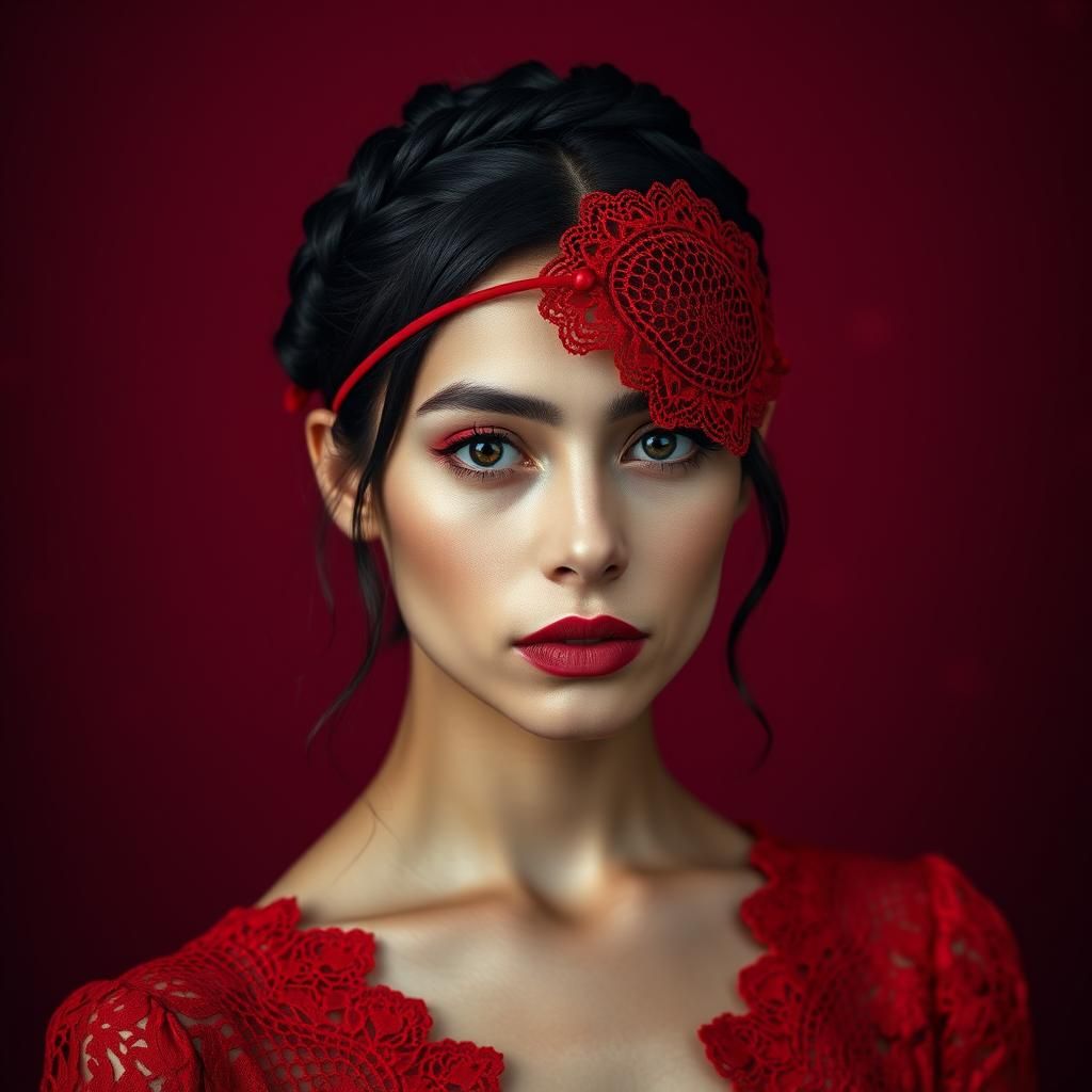 Woman in Red Lace Eyepatch Portrait