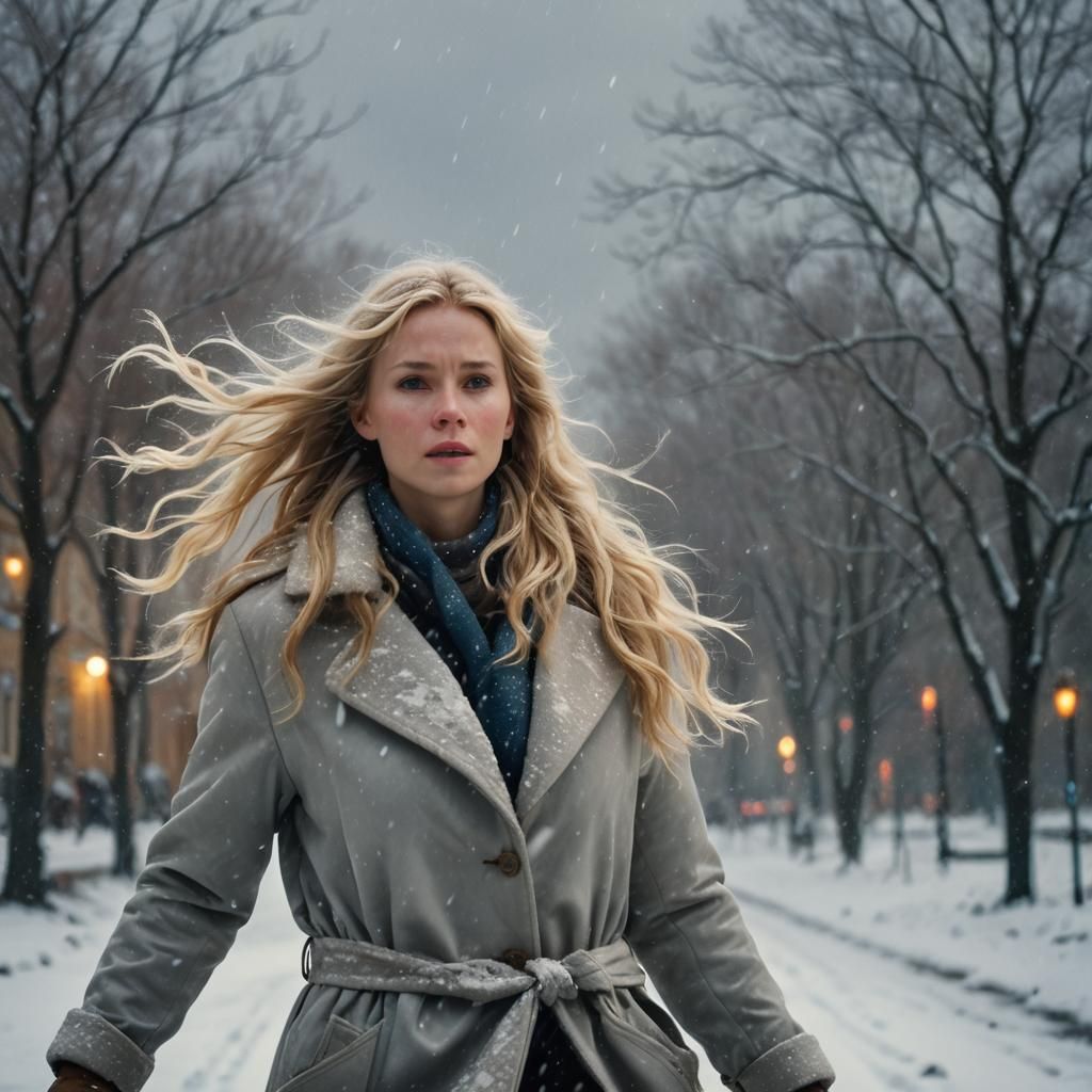 Nordic Woman in Snowy Storm, Impressionist Style