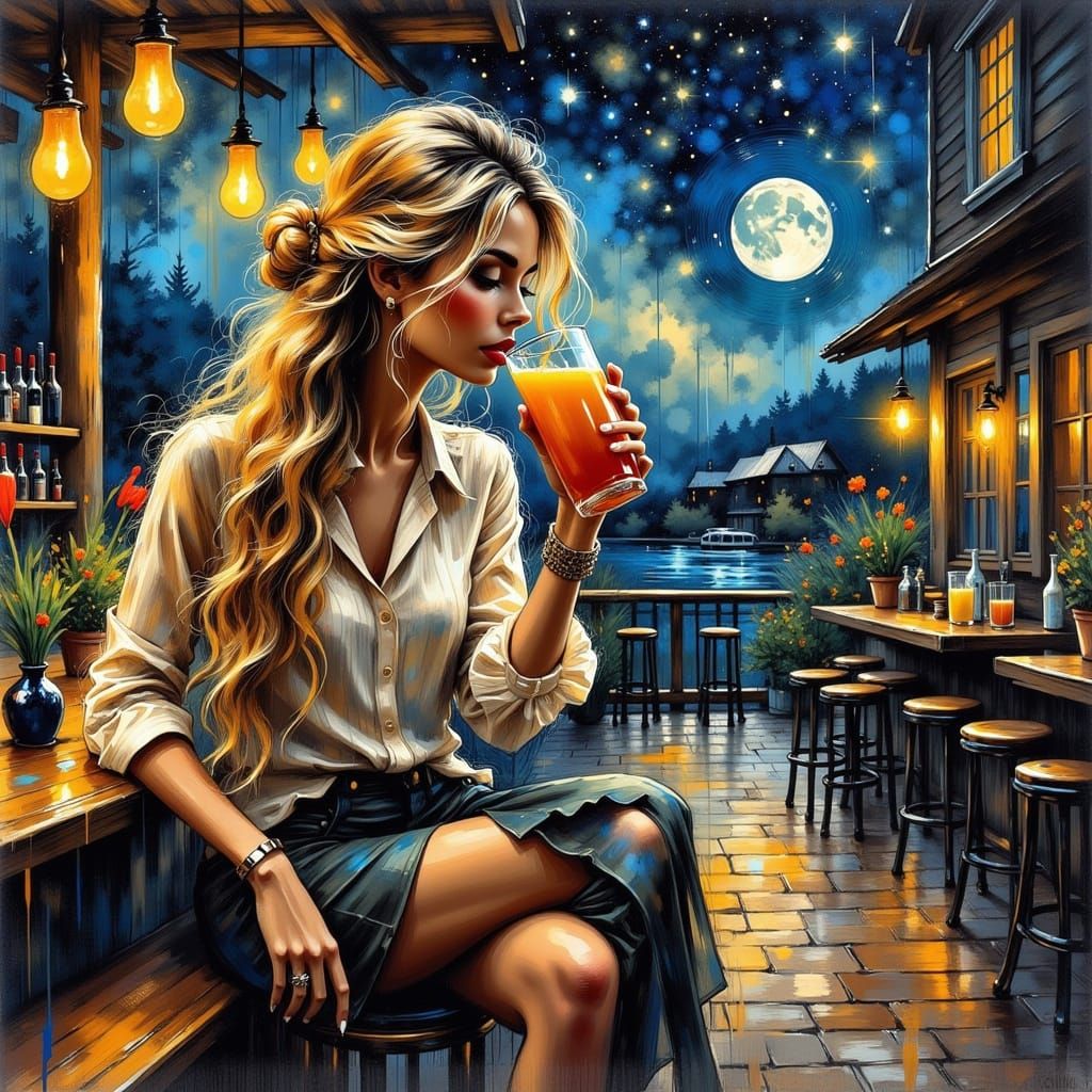 Woman at Bar Under Starry Night, Paint Splash Art
