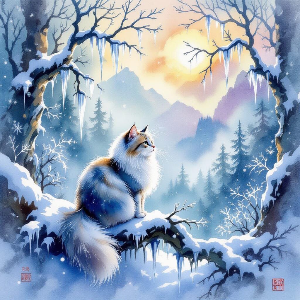 Curious Cat Explores Mystical Winter Forest in Watercolor