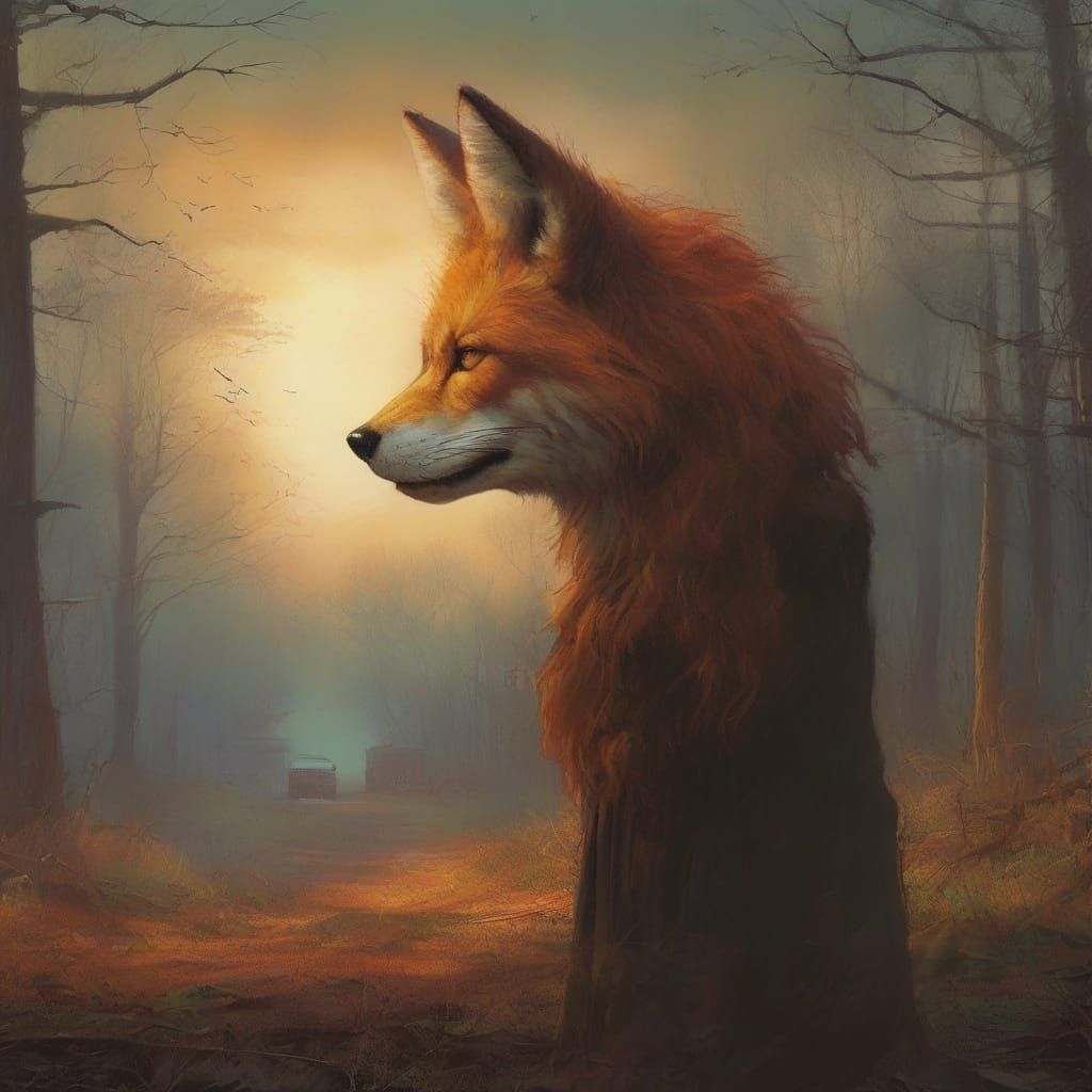 Hyperrealistic Witch Interacts with Spectral Fox Familiar in...
