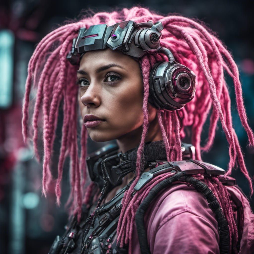 Hyperrealistic Cyberpunk Girl with Pink Dreads Portrait