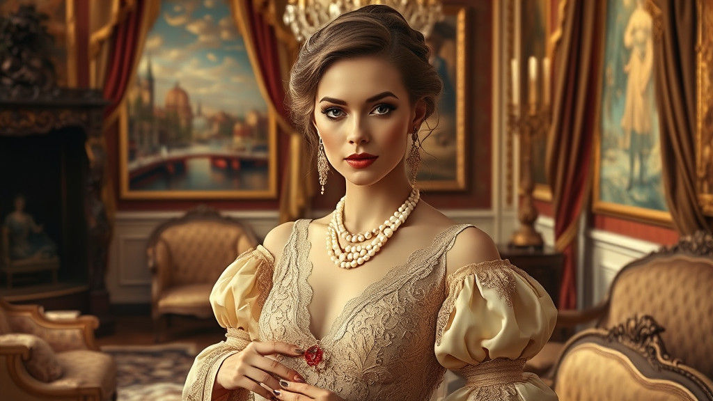 Elegant Woman in Lavish Attire, an Oil Painting
