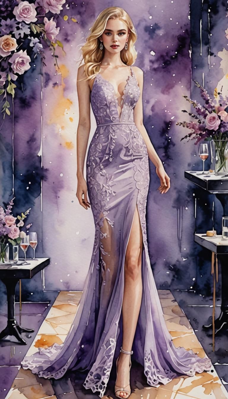 Blonde Woman in Lilac Lace Gown Watercolor