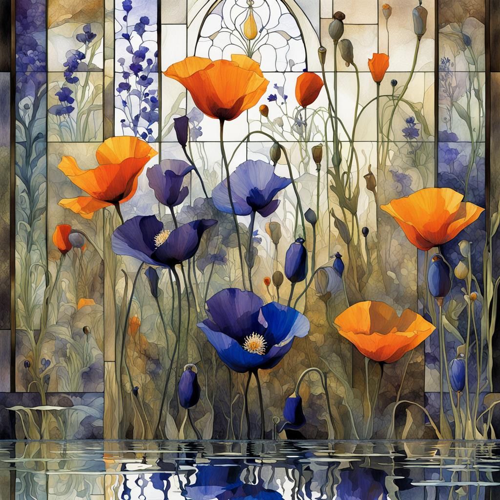 Alaska Poppies and Monkshood in Art Brut Style