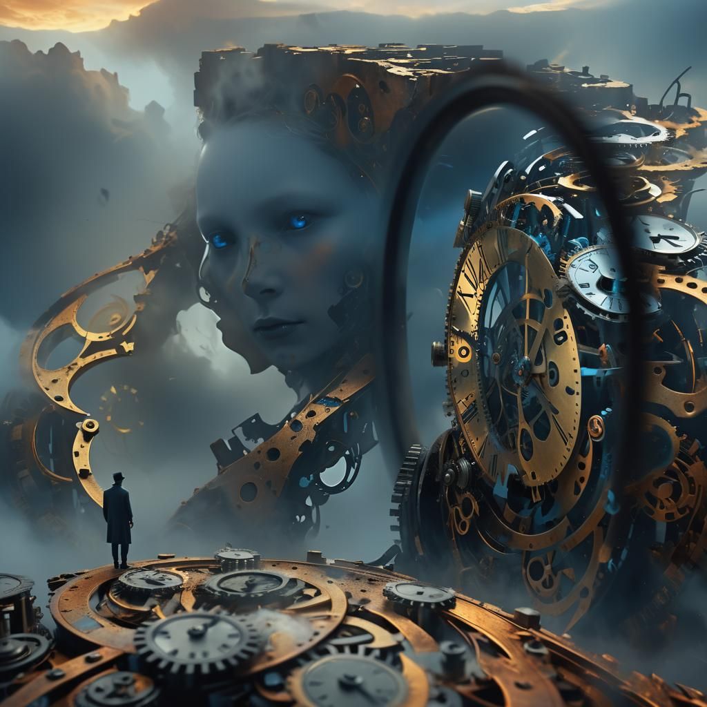 Surreal Portrait with Clockwork Mechanisms in Dreamlike Styl...