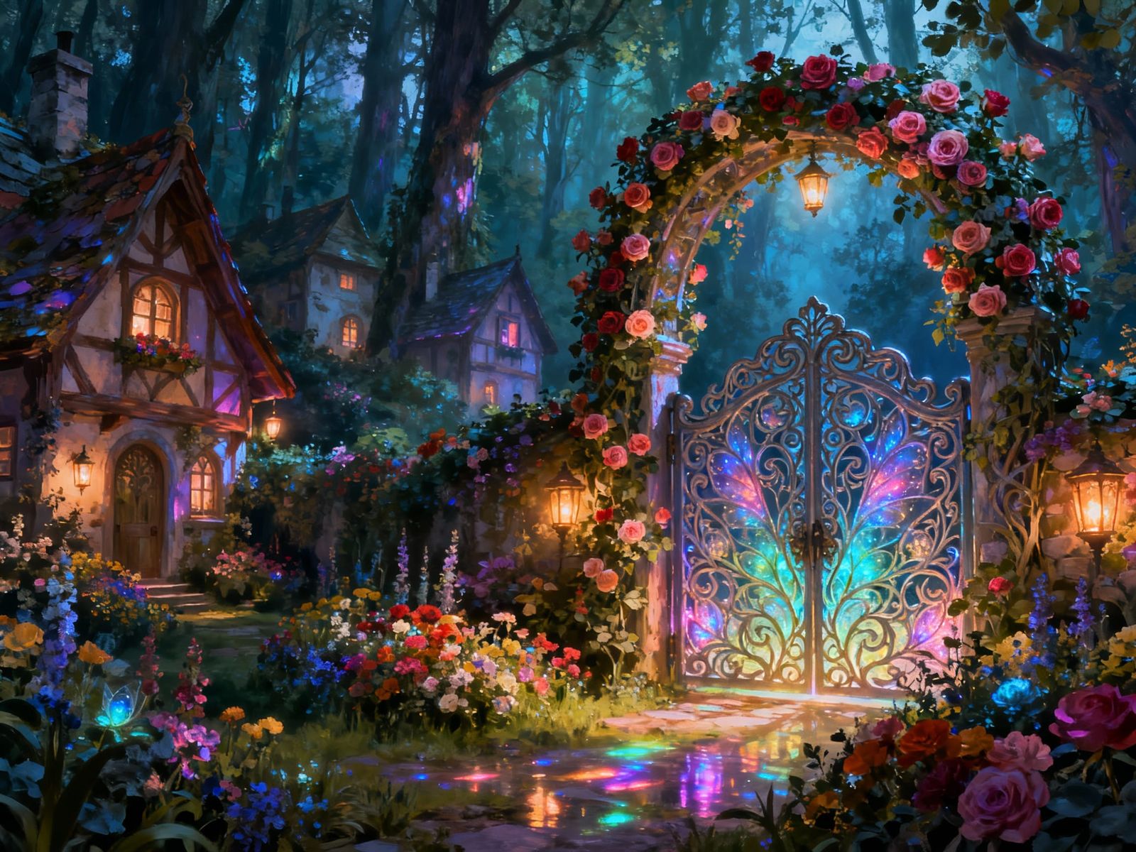 Fantasy Forest Cottages with Rose Arches and Mystical Glow