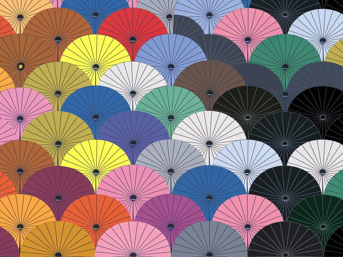 Vibrant Whimsical Umbrella Cityscape in Gradient Hues