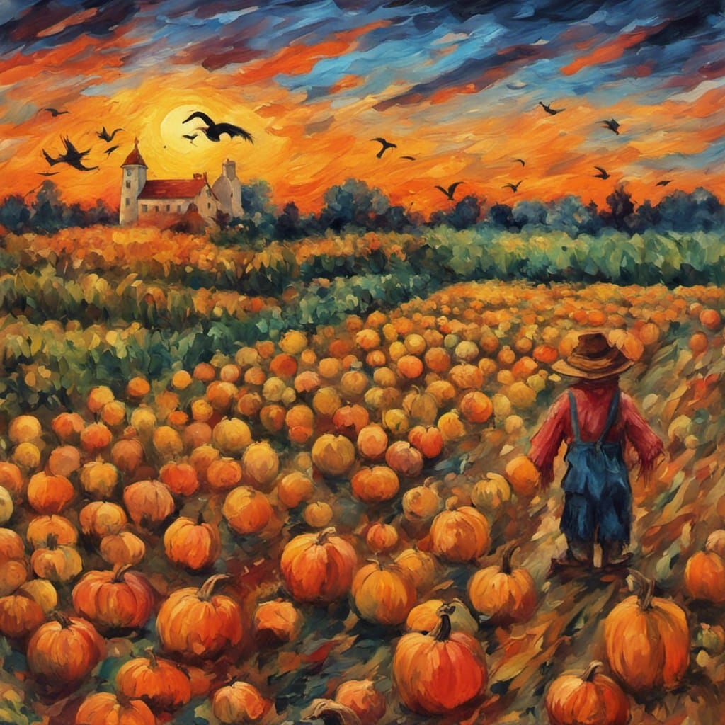 Impressionistic Cornfield Sunset with Scarecrow