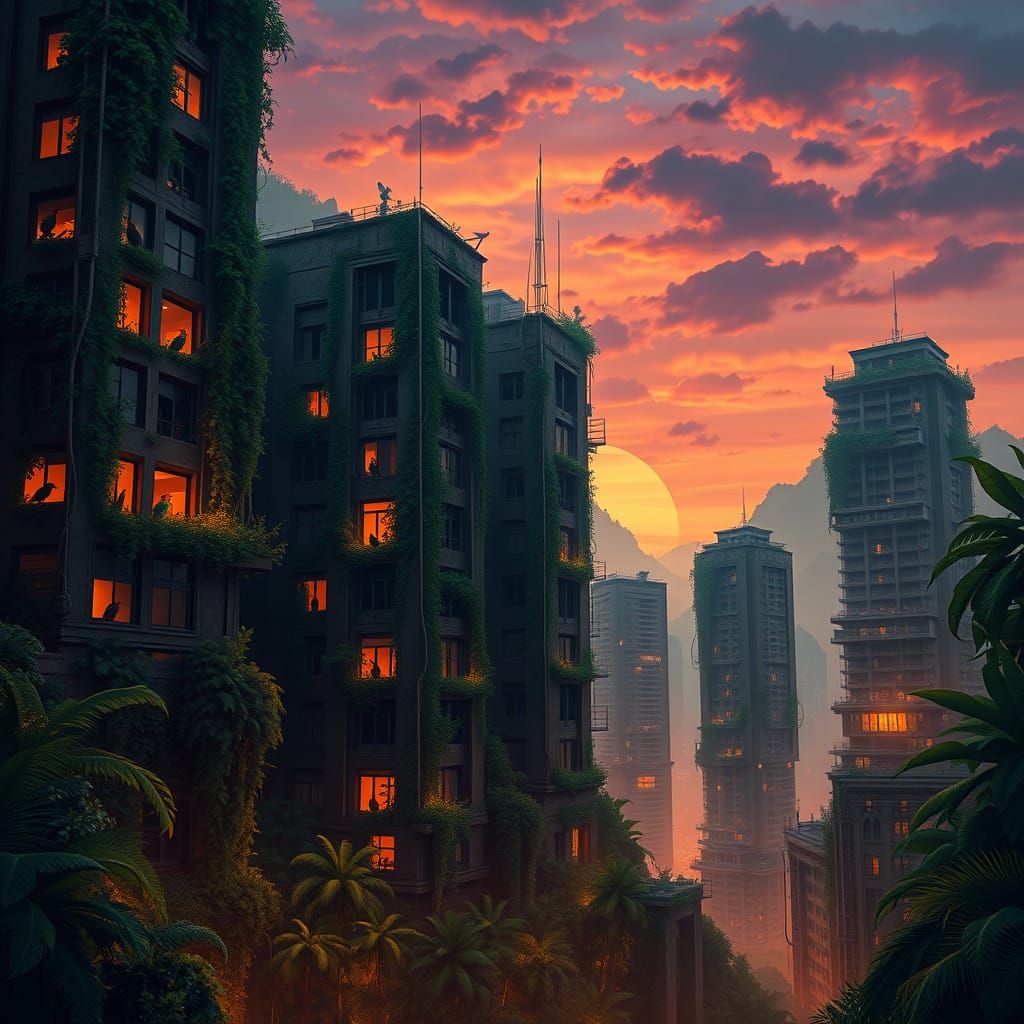 Jungle City Reclaimed by Nature at Twilight