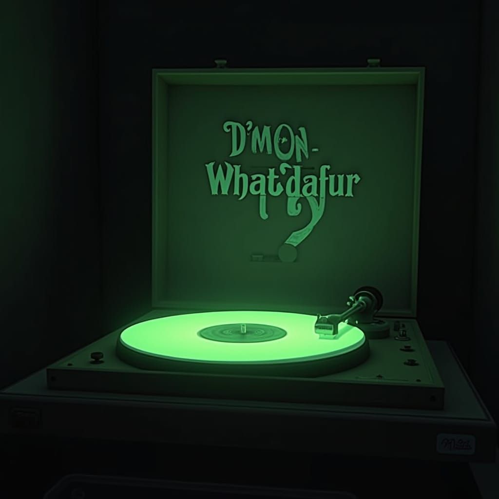Mysterious Record Player with Glowing Green Vinyl in Dark Ro...