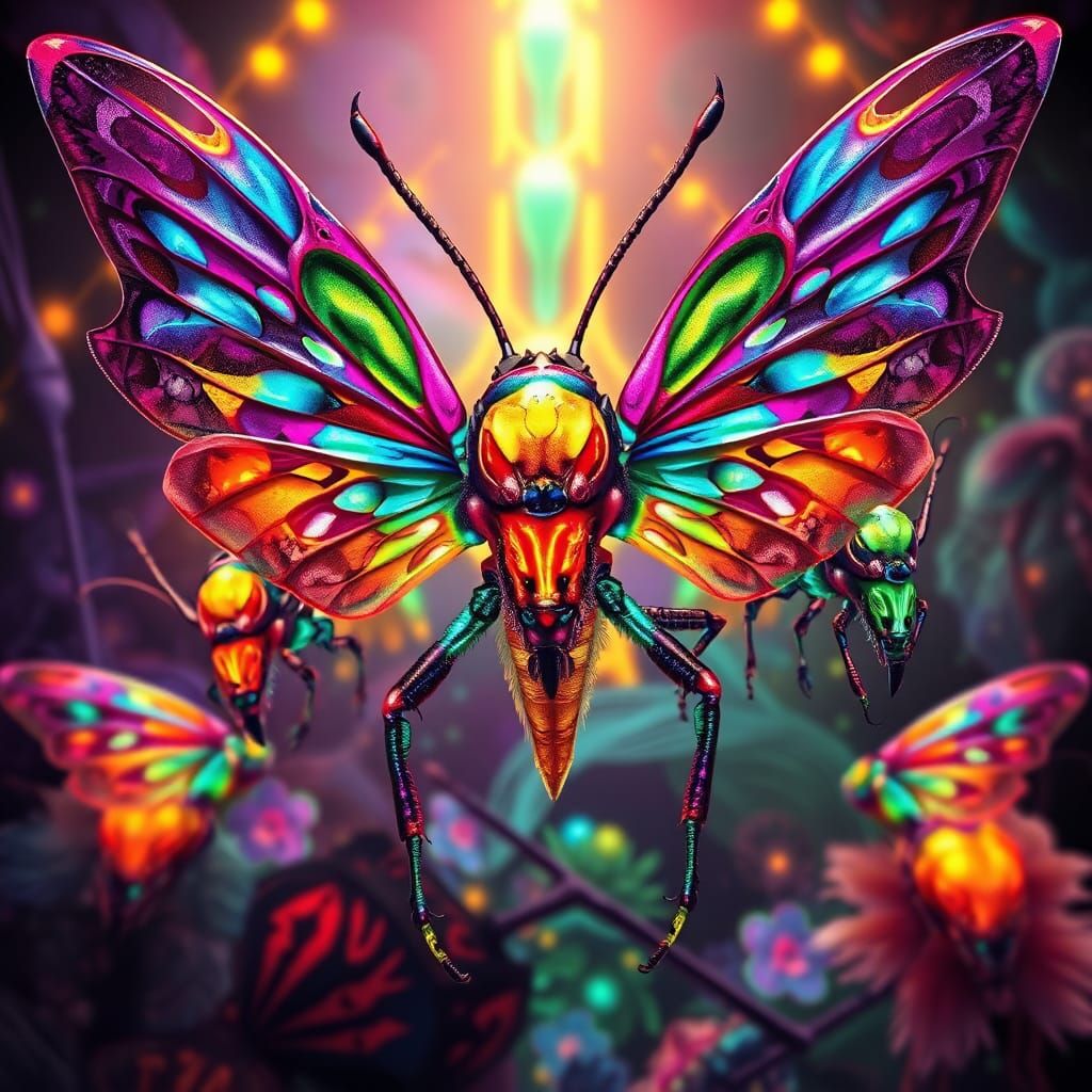 Iridescent Insect Mutants in Cyberpunk Setting