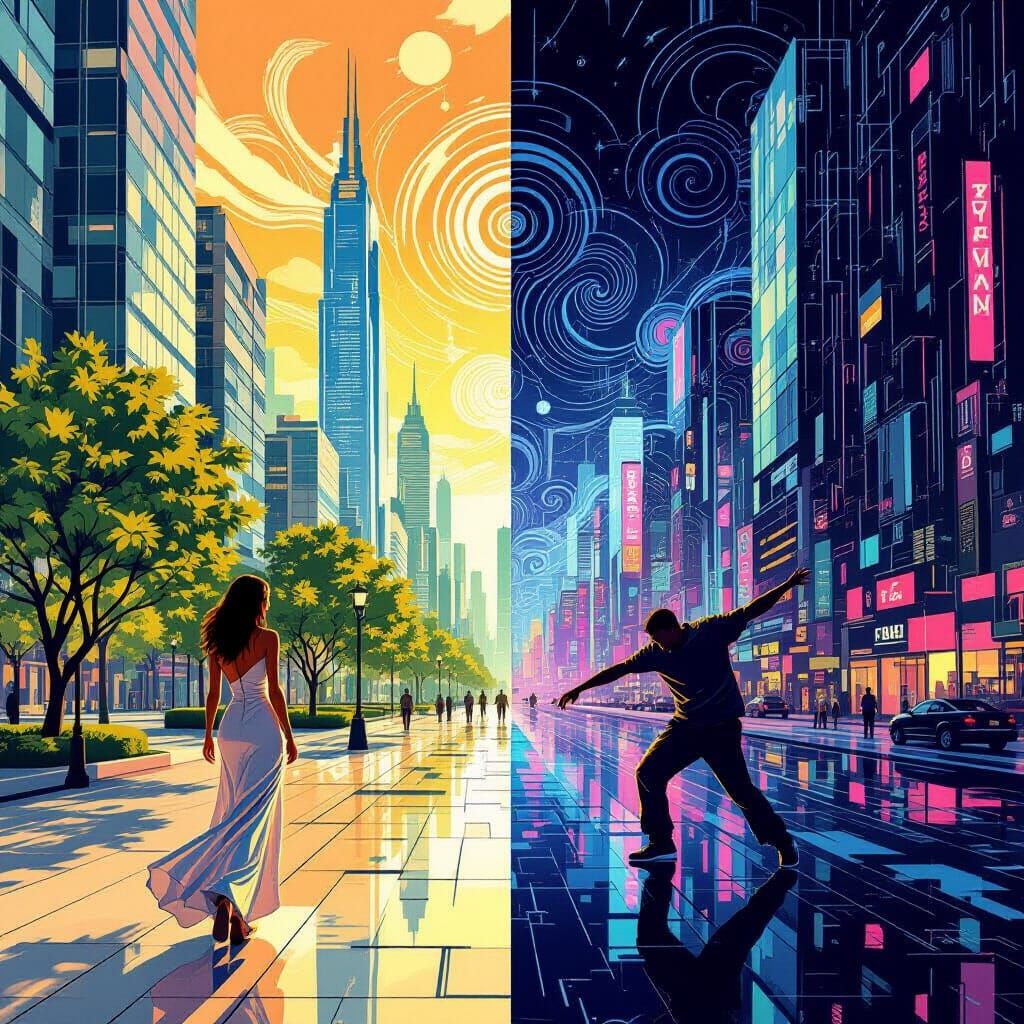 Elegant Woman Versus Breakdancing Man in Dystopian Cities
