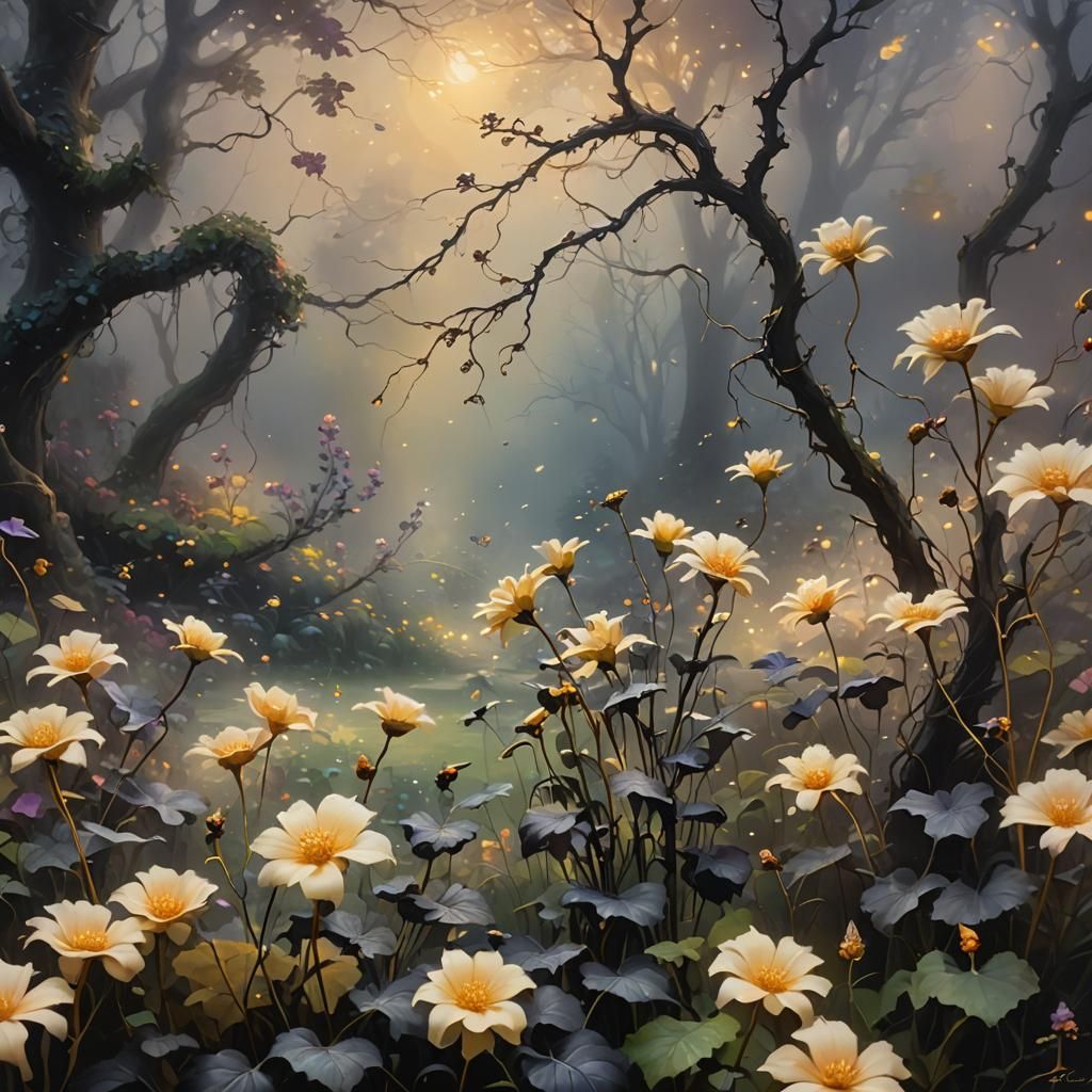 Misty Garden: Black Flowers in Eternal Slumber