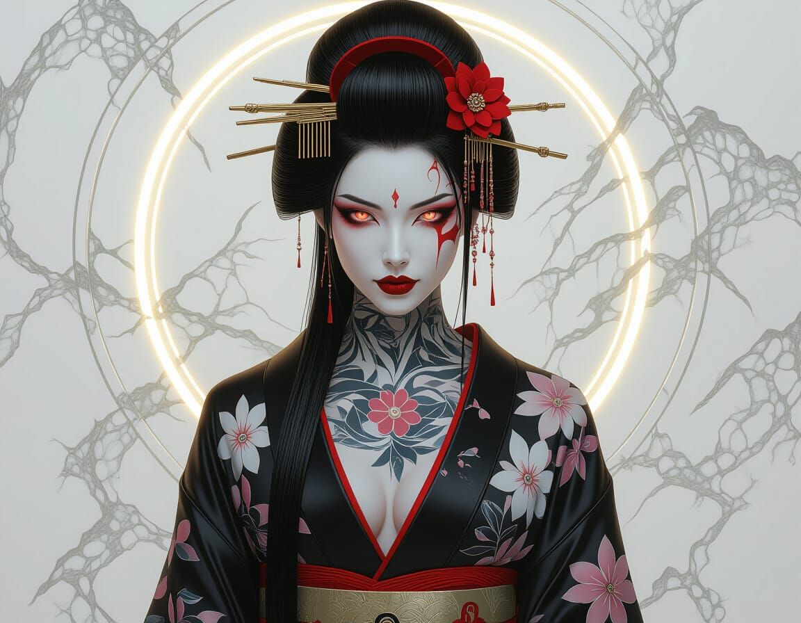 Tattooed Geisha Vampire Queen in Marble Forest