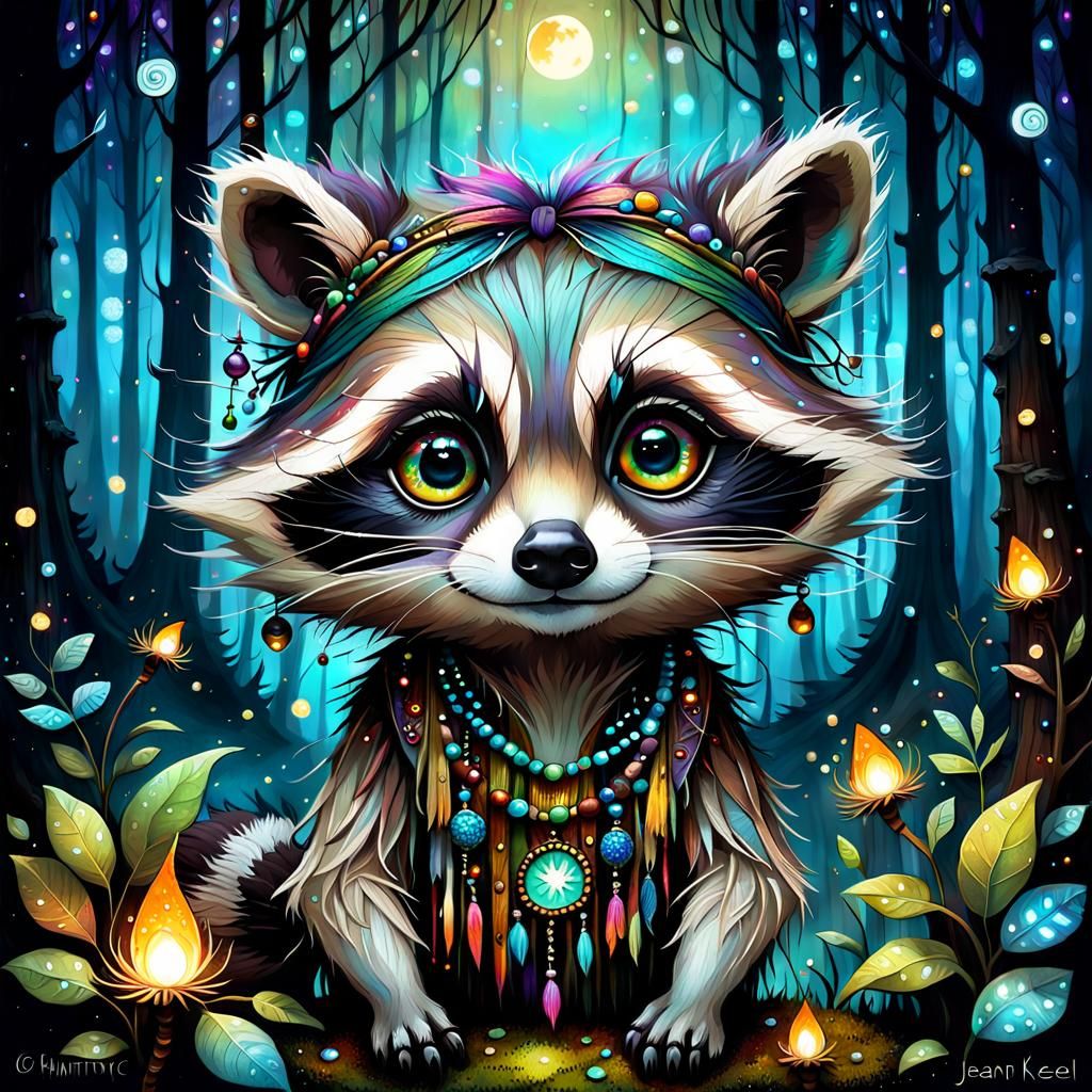 Cute Raccoon in Mystical Forest Digital Art
