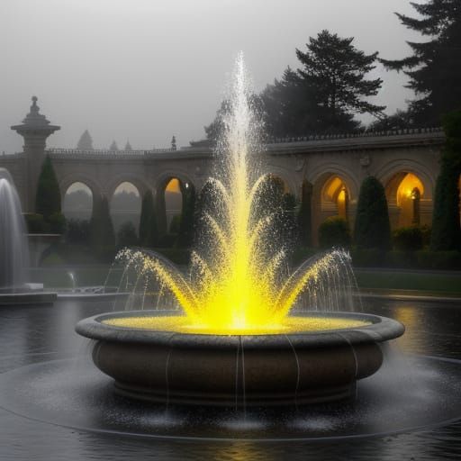Hyperrealistic Fountains in a Misty Setting