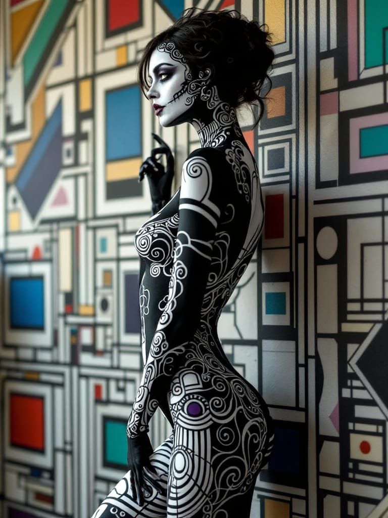 Gothic Carnival Woman Merges with Geometric Art
