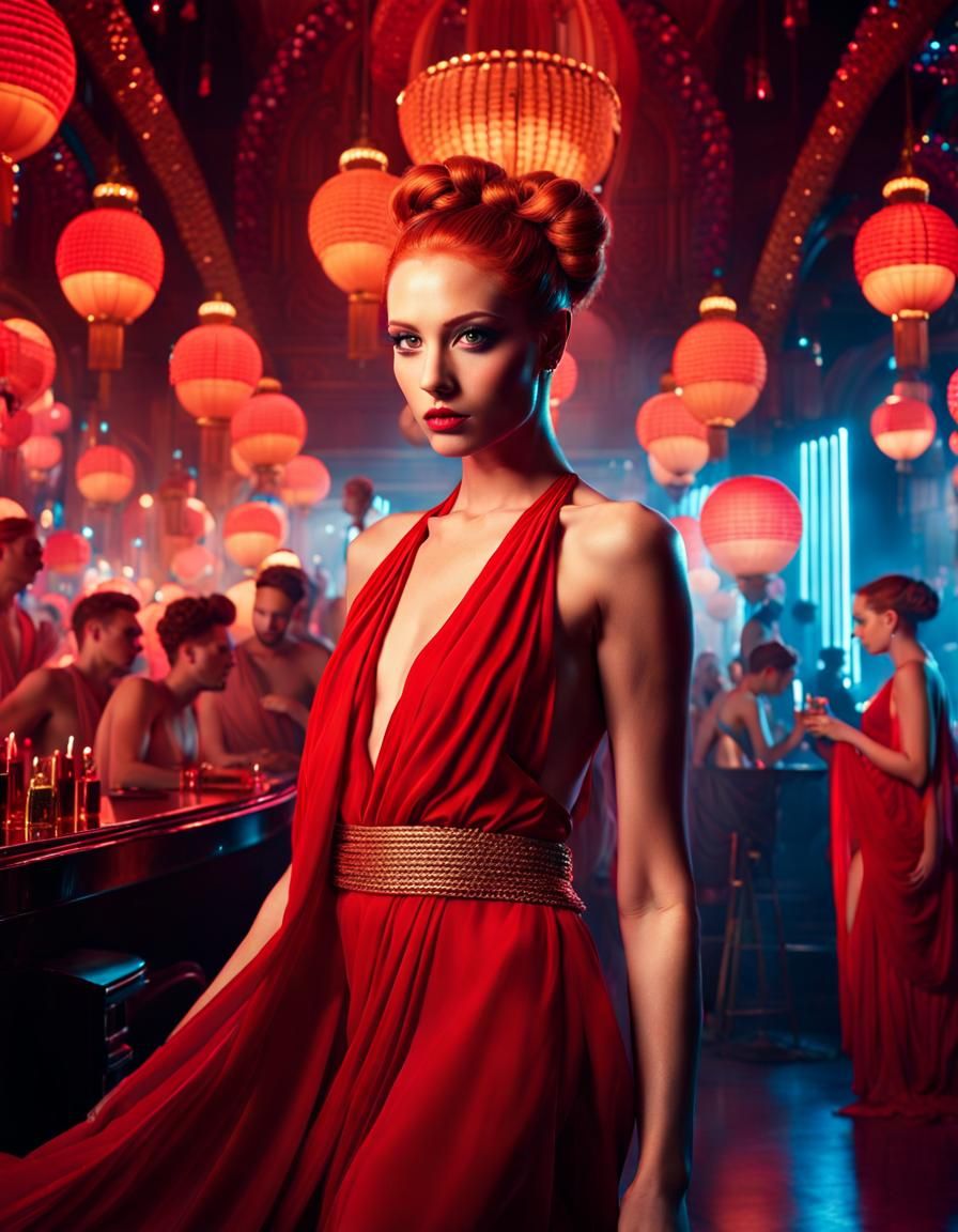 Sensual Woman in Red Toga, Maximalist Digital Art