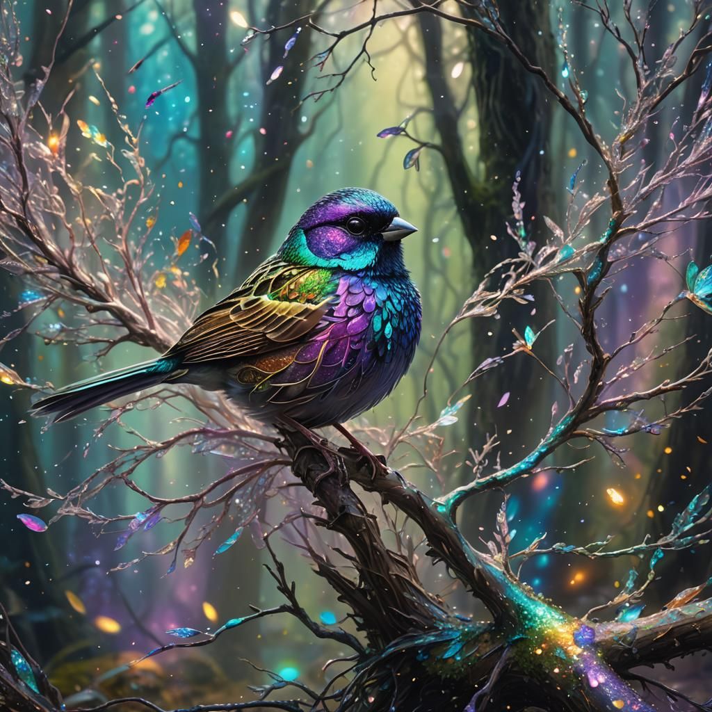 Rainbow Glitter Sparrow in Ethereal Forest