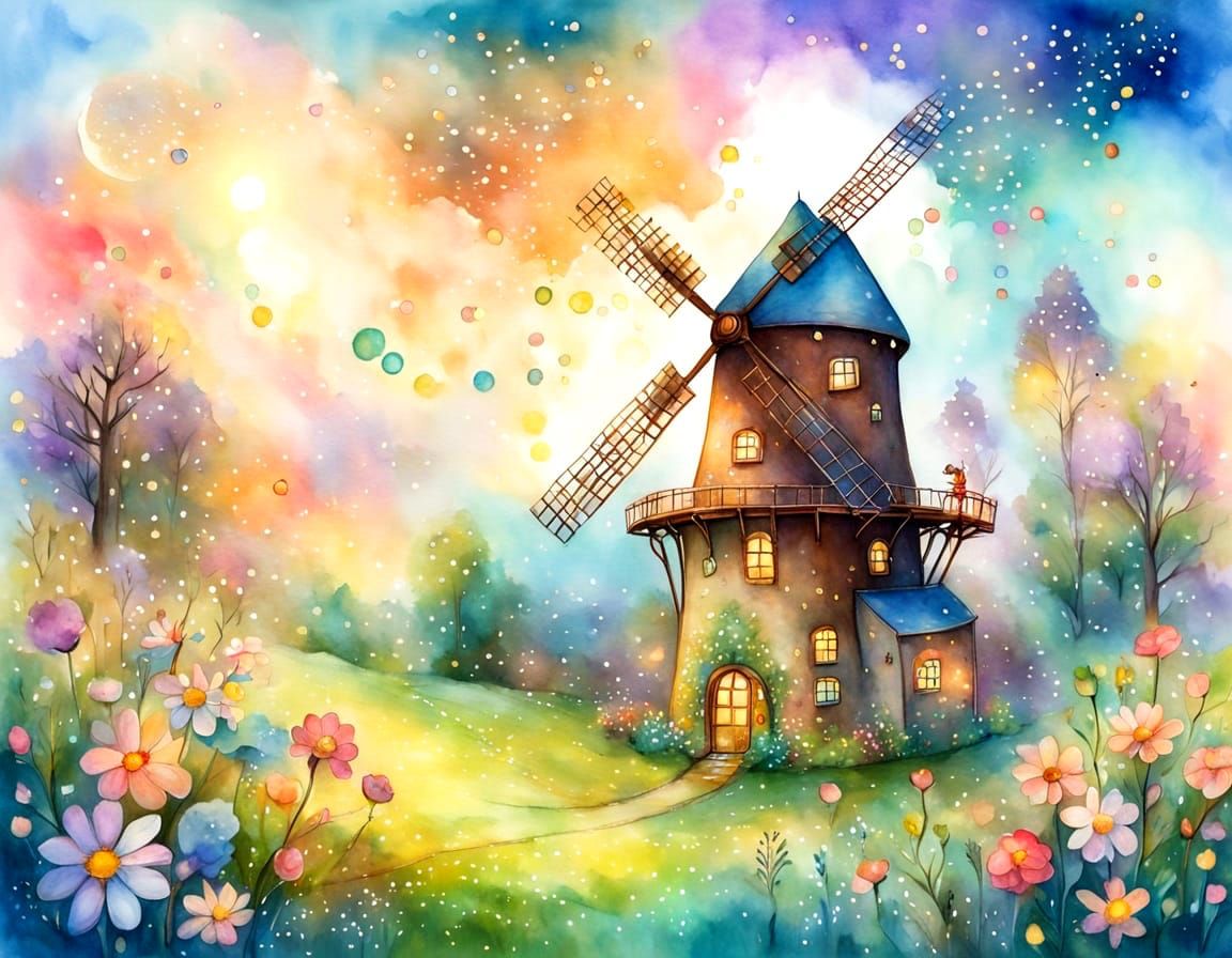 Fairytale Windmill Chocolate Factory in Watercolor
