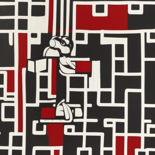 Meditators on Skateboard in Cave, Linocut Style