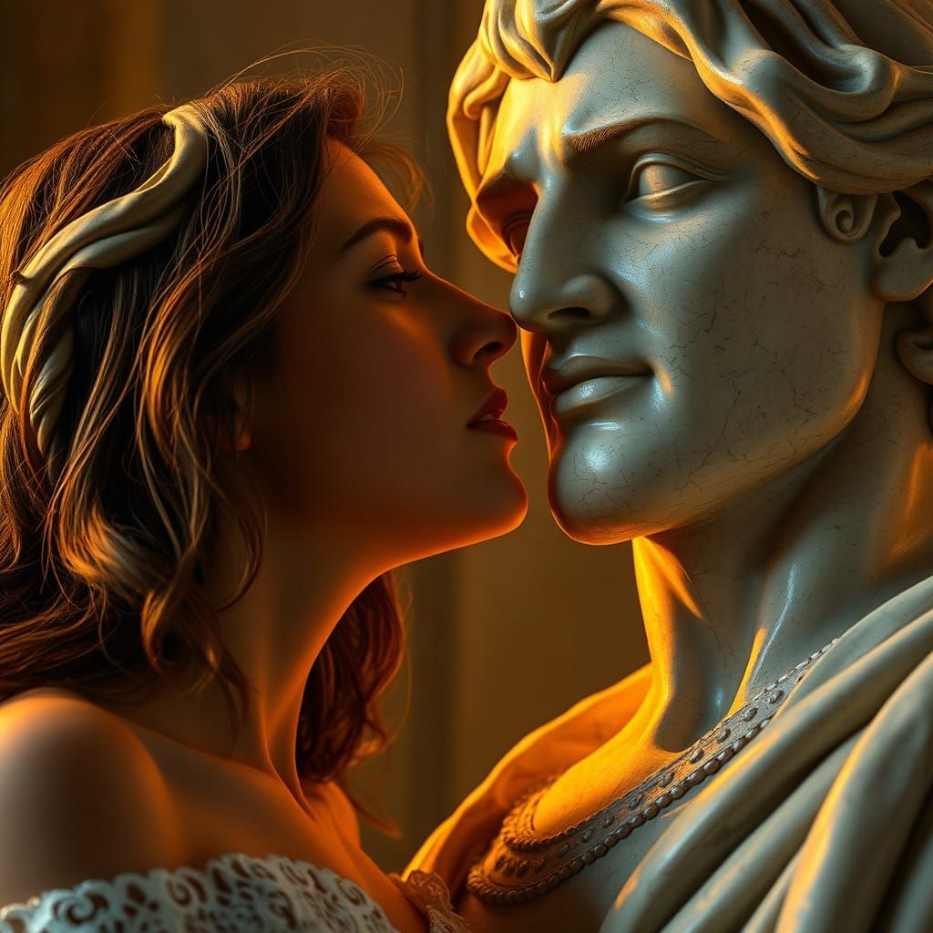 Woman Whispers to Statue in Art Nouveau Style