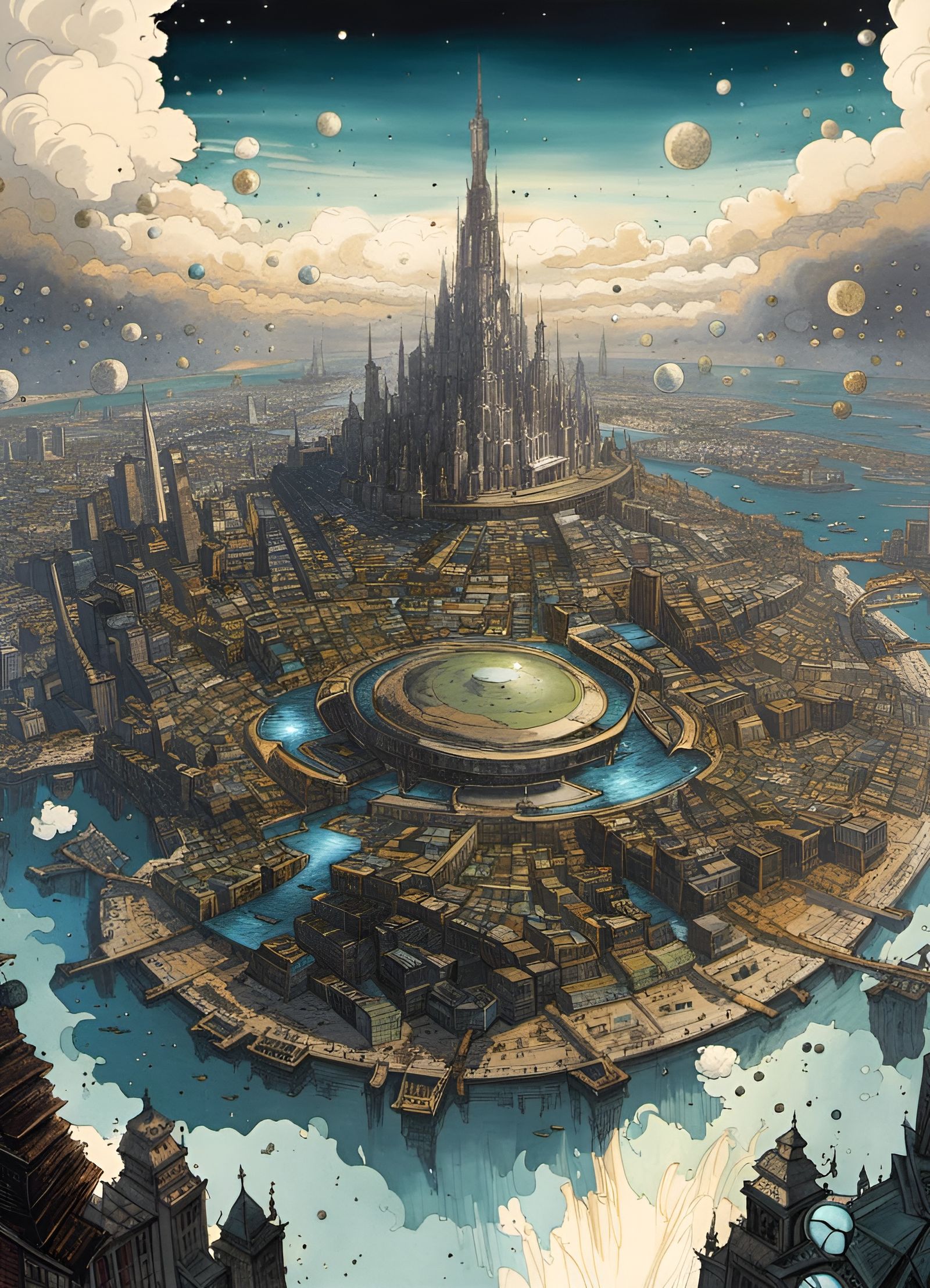 Cosmic Island City with Many Moons