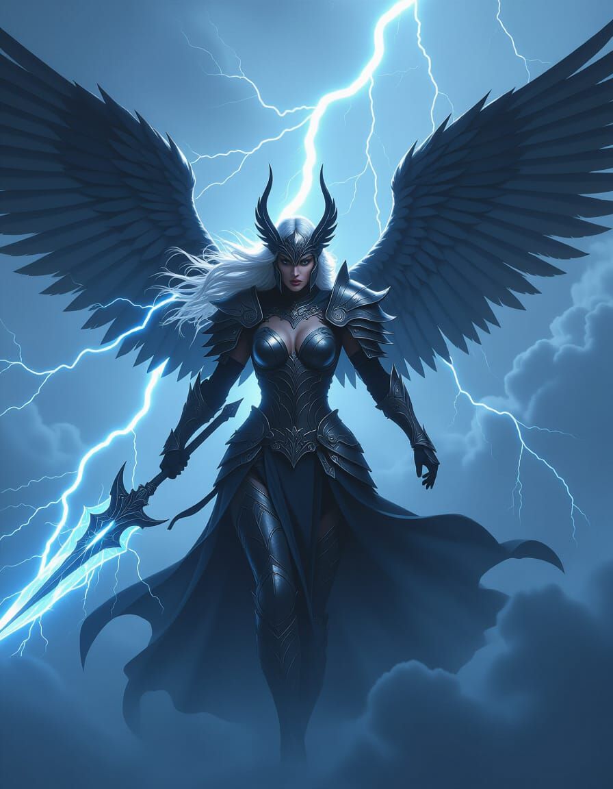 Valkyrie Descends from Thunderstorm in Epic Fantasy Art