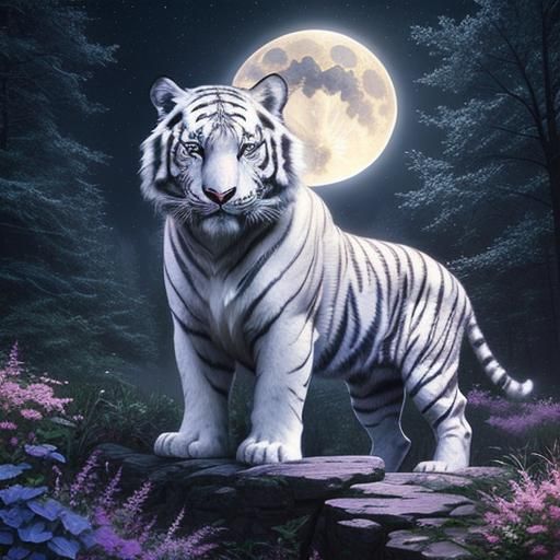 Fantasy White Tiger Under Starry Moonlit Sky