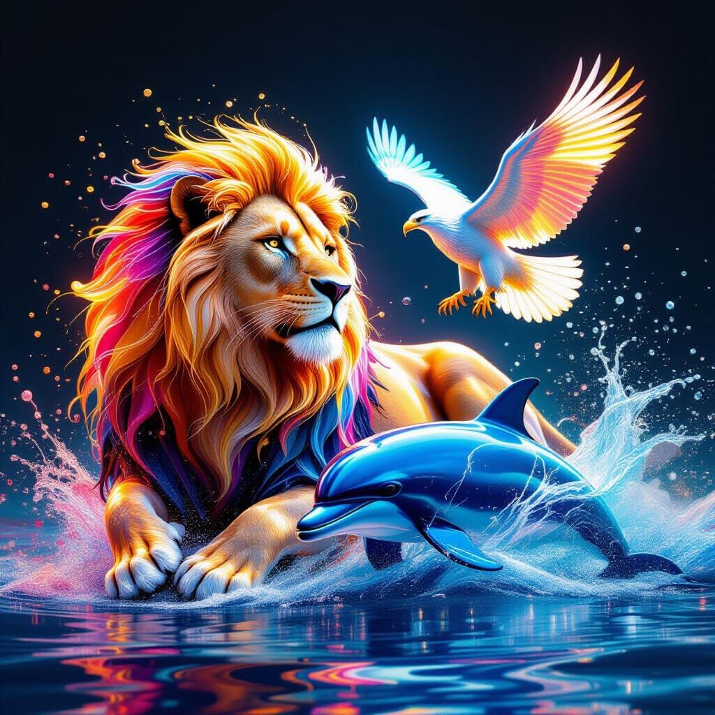 Majestic Liquid Animals: Lion, Eagle, Dolphin in Rainbow Hue...