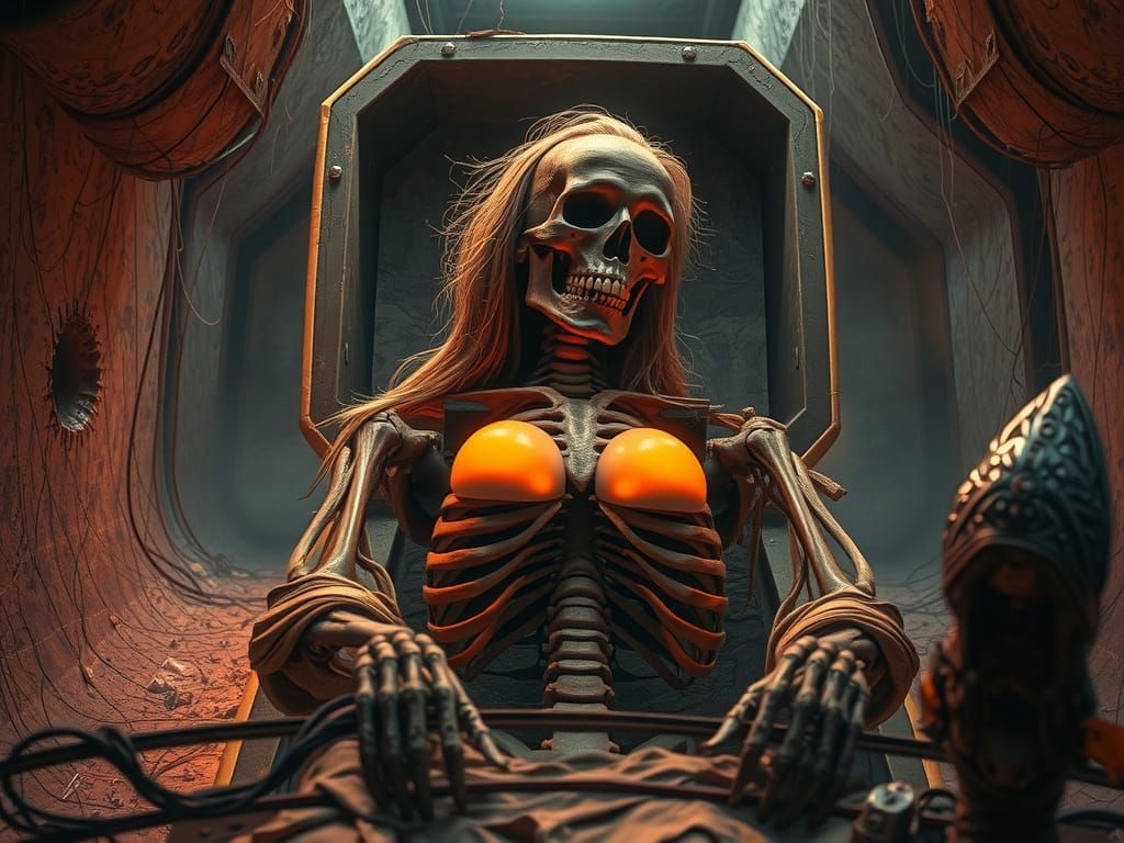 Surreal, Cyberpunk-Inspired Skeleton Mocks Human Vanity with...