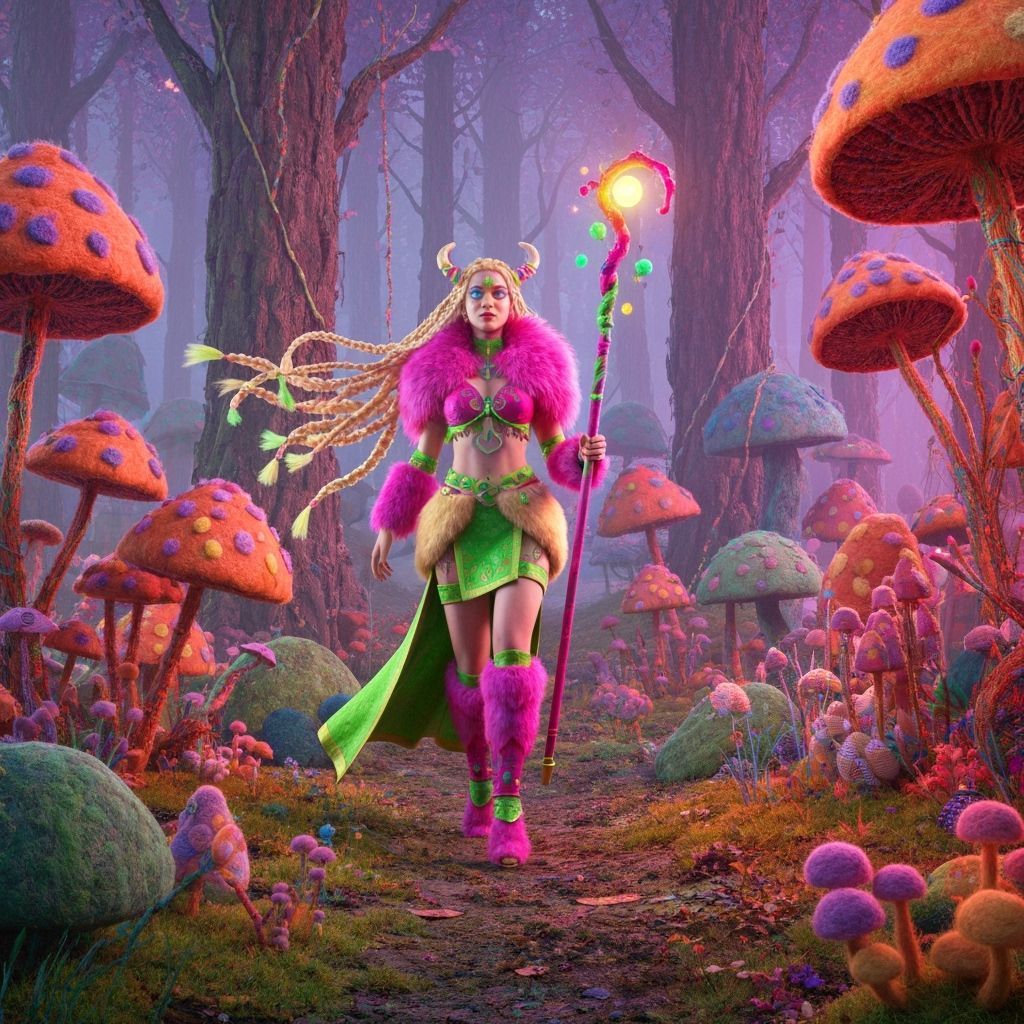 A plush female barbarian is walking in A whimsical, primal j...