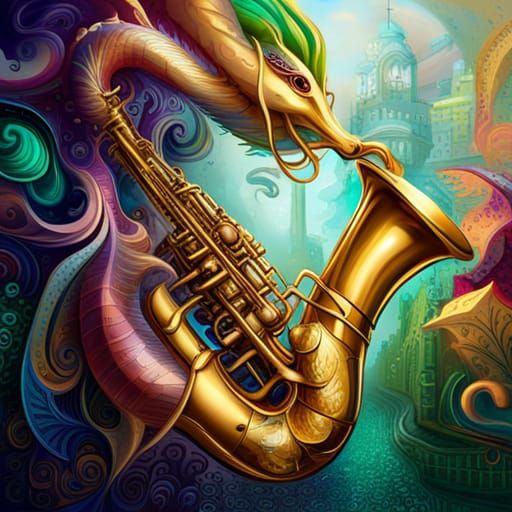Golden Saxophone Mesmerizing Emerald Dragon in Graffiti Art