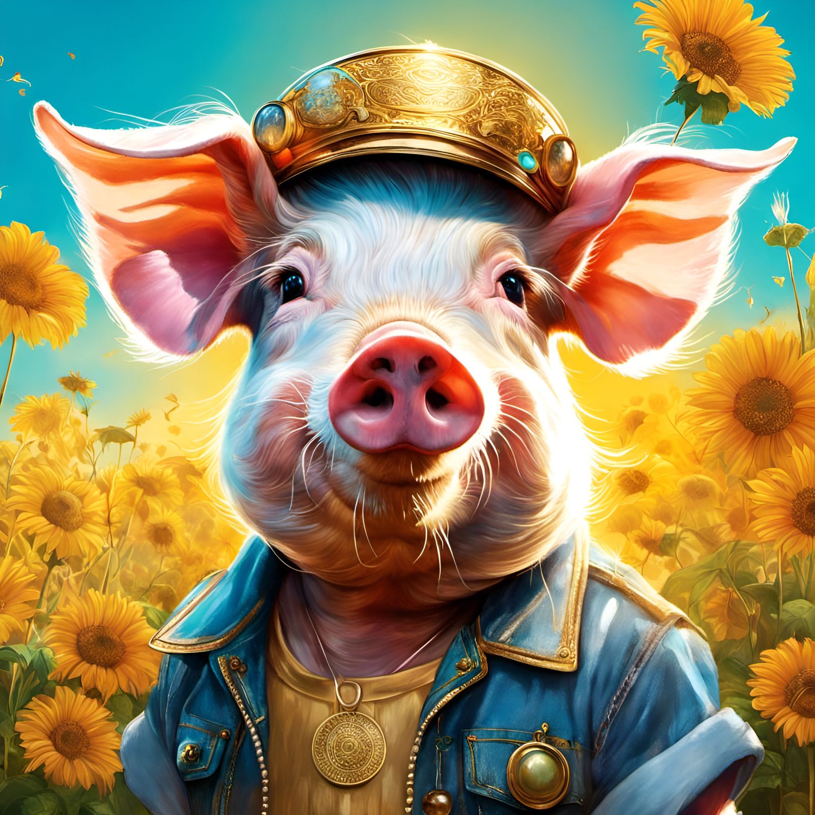 Adorable Pig Portrait with Wig in Art Illustration Style