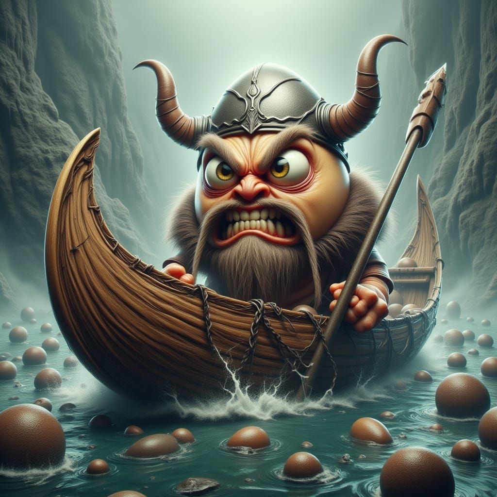Egg Viking Rowing a Longboat, Digital Painting