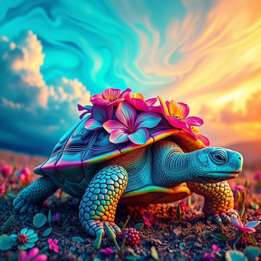 Turquoise Tortoise in Vibrant Floral Wonderland