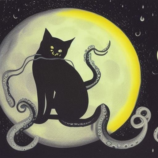 Lovecraftian Black Cat Under a Tentacled Moon