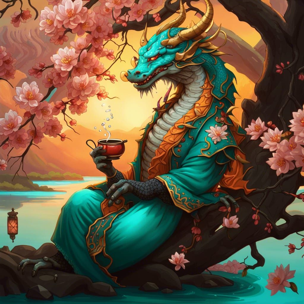 High Gothic Dragon Drinks Tea at Dusk