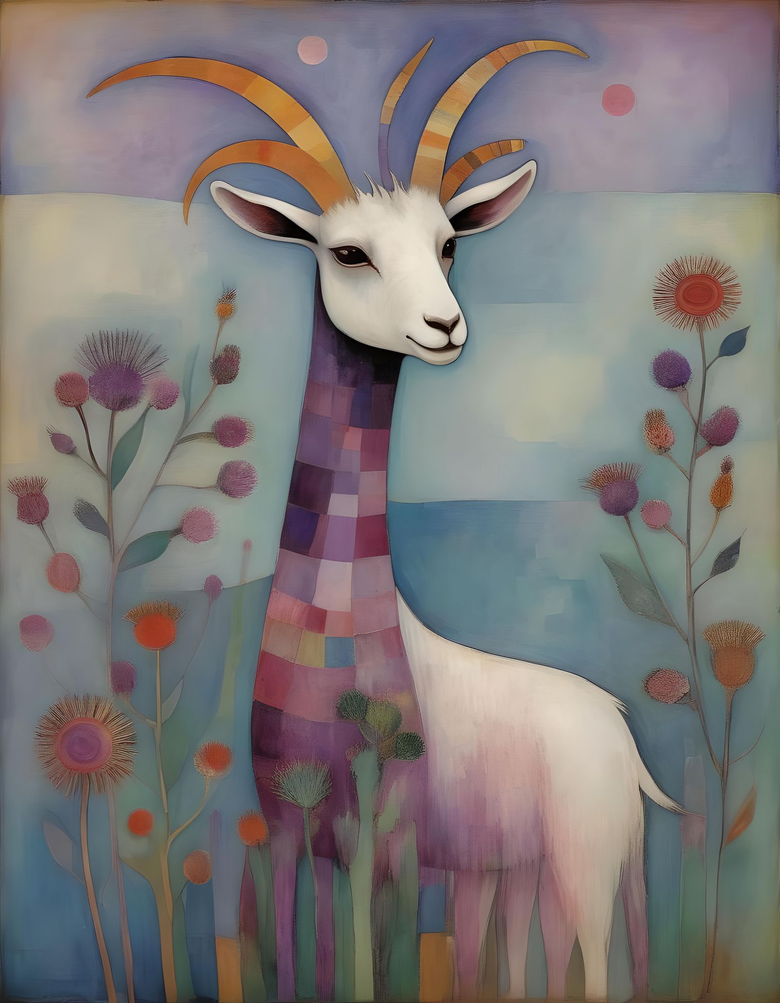 Mermaid Goat in Loch: An Abstract Klimt-Klee Fusion