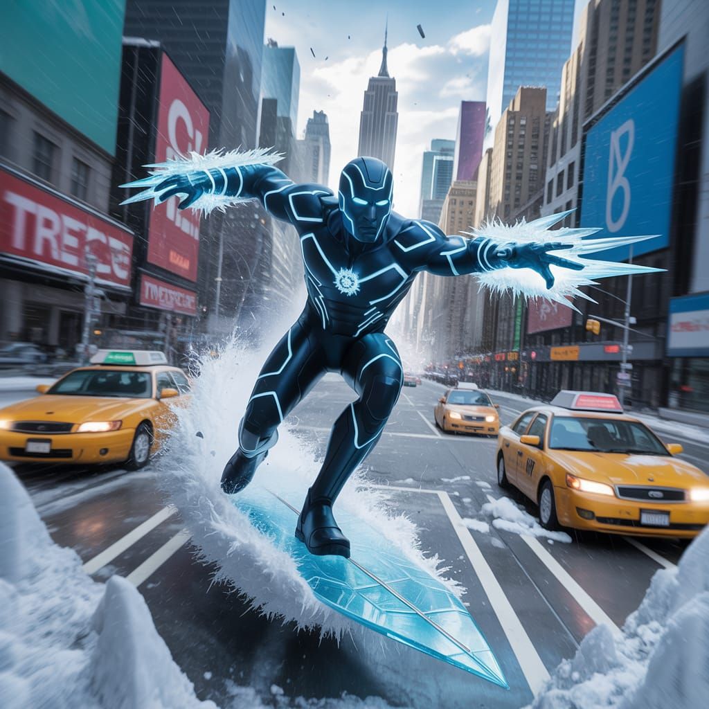 CryoSurge Surfs Frozen City in Marvel Style